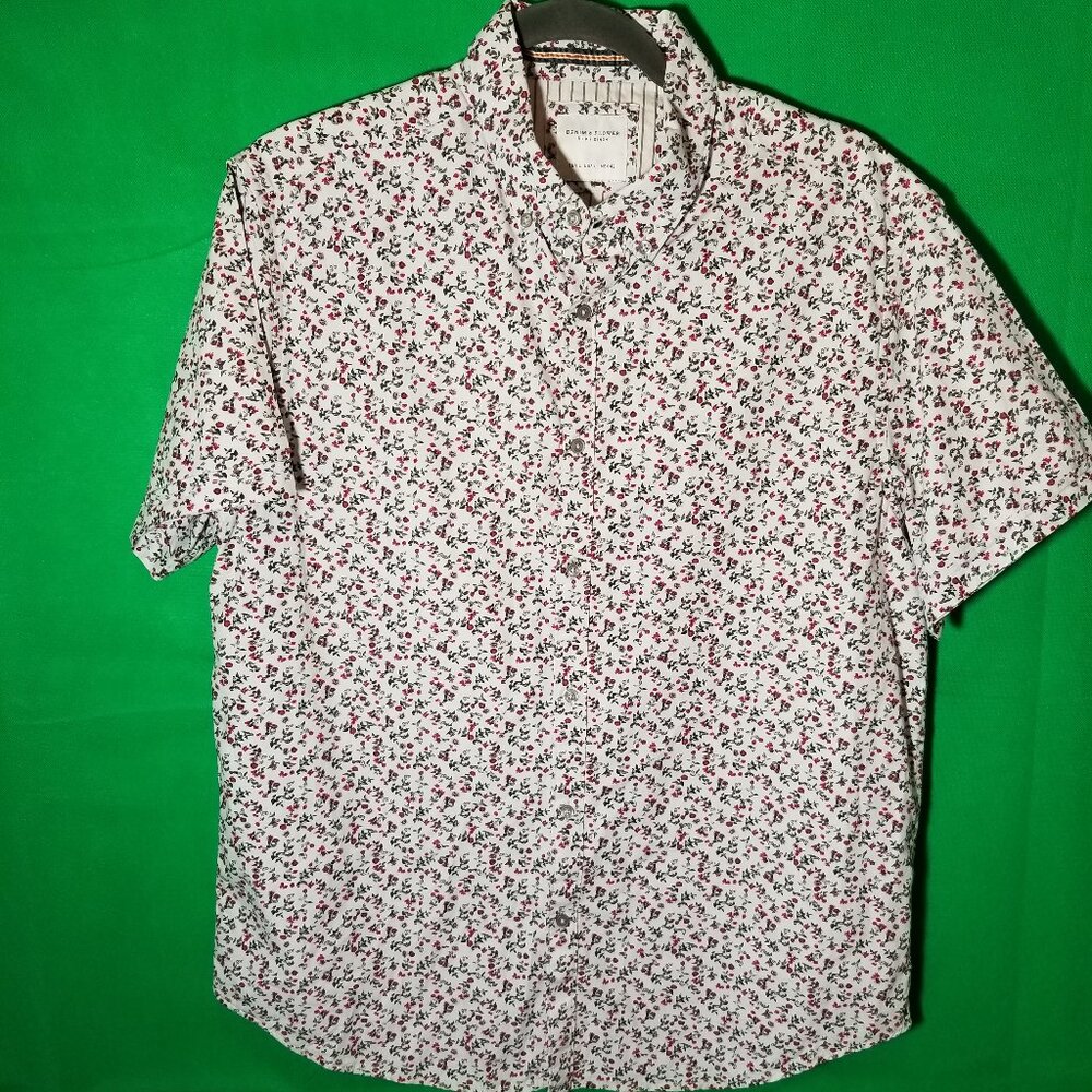 Denim Flower Ricky Singh Floral Mens Large Short Sleeve Button Up Casual Rose